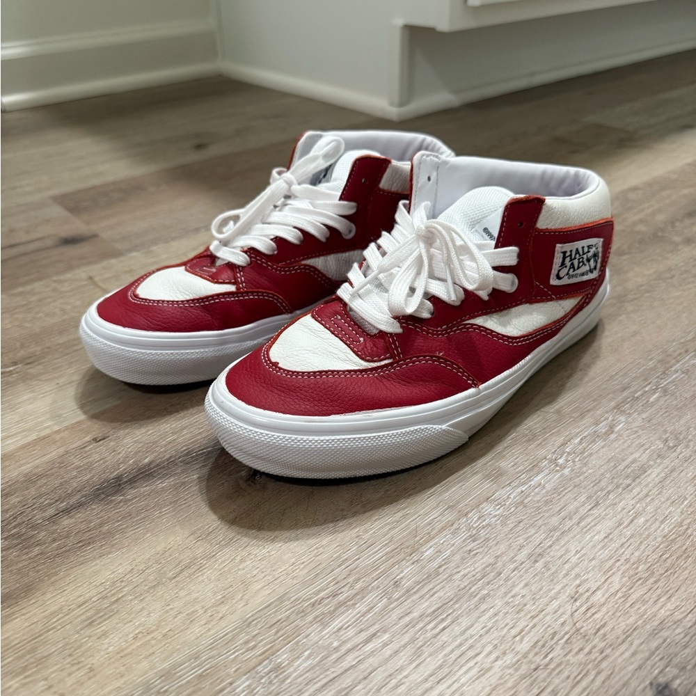 Red & White Leather Vans Half Cabs